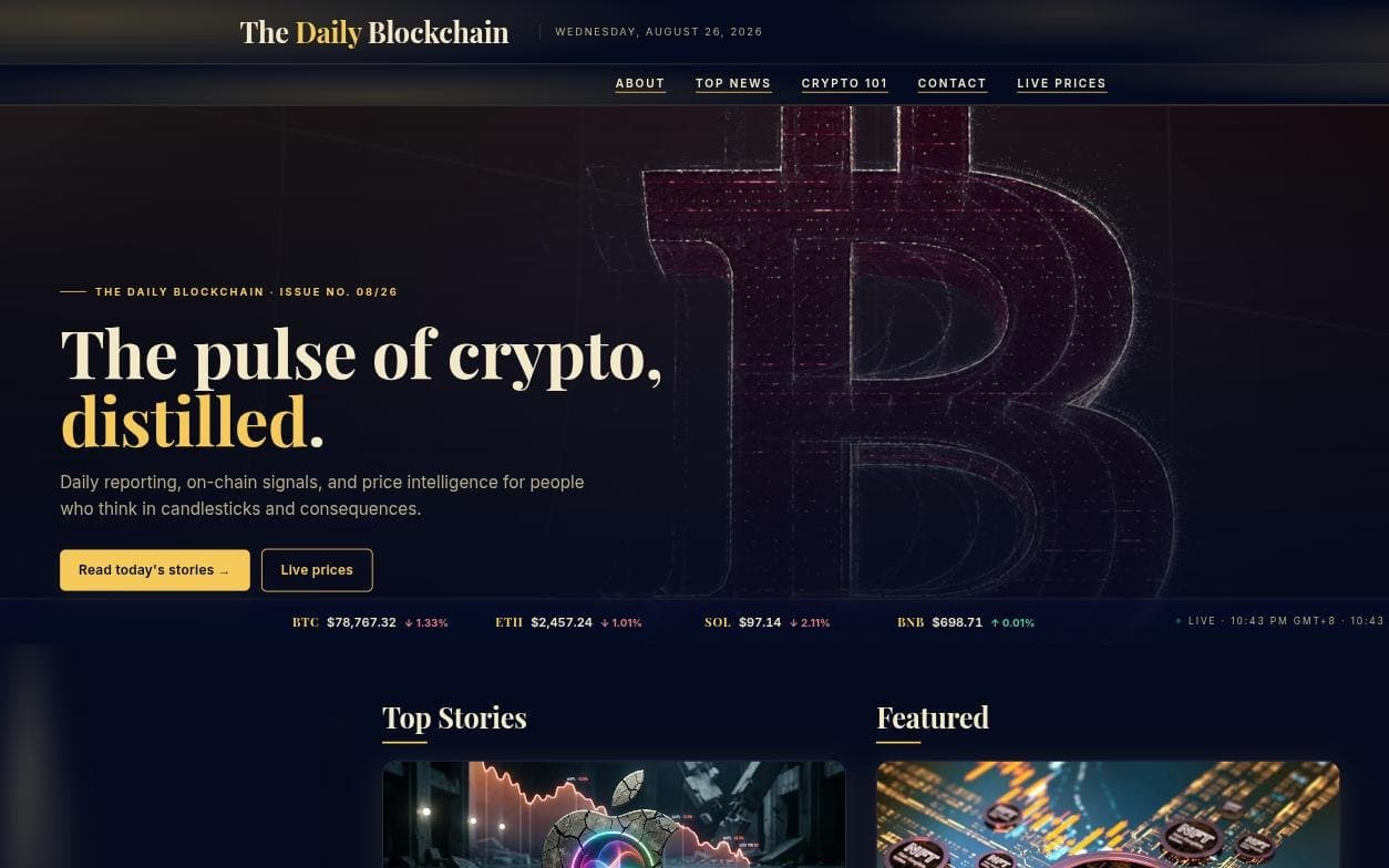 The Daily Blockchain homepage — hero headline over a live crypto price ticker