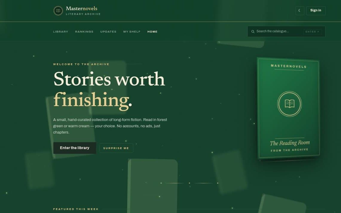 Masternovels homepage — “Stories worth finishing” over the library catalogue